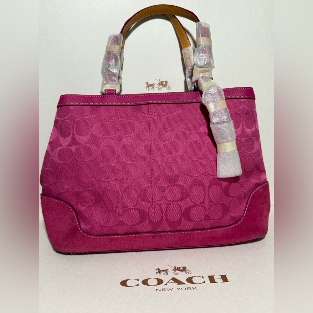 Coach Pink Signature Hamptons Suede Satchel tassel tote bag